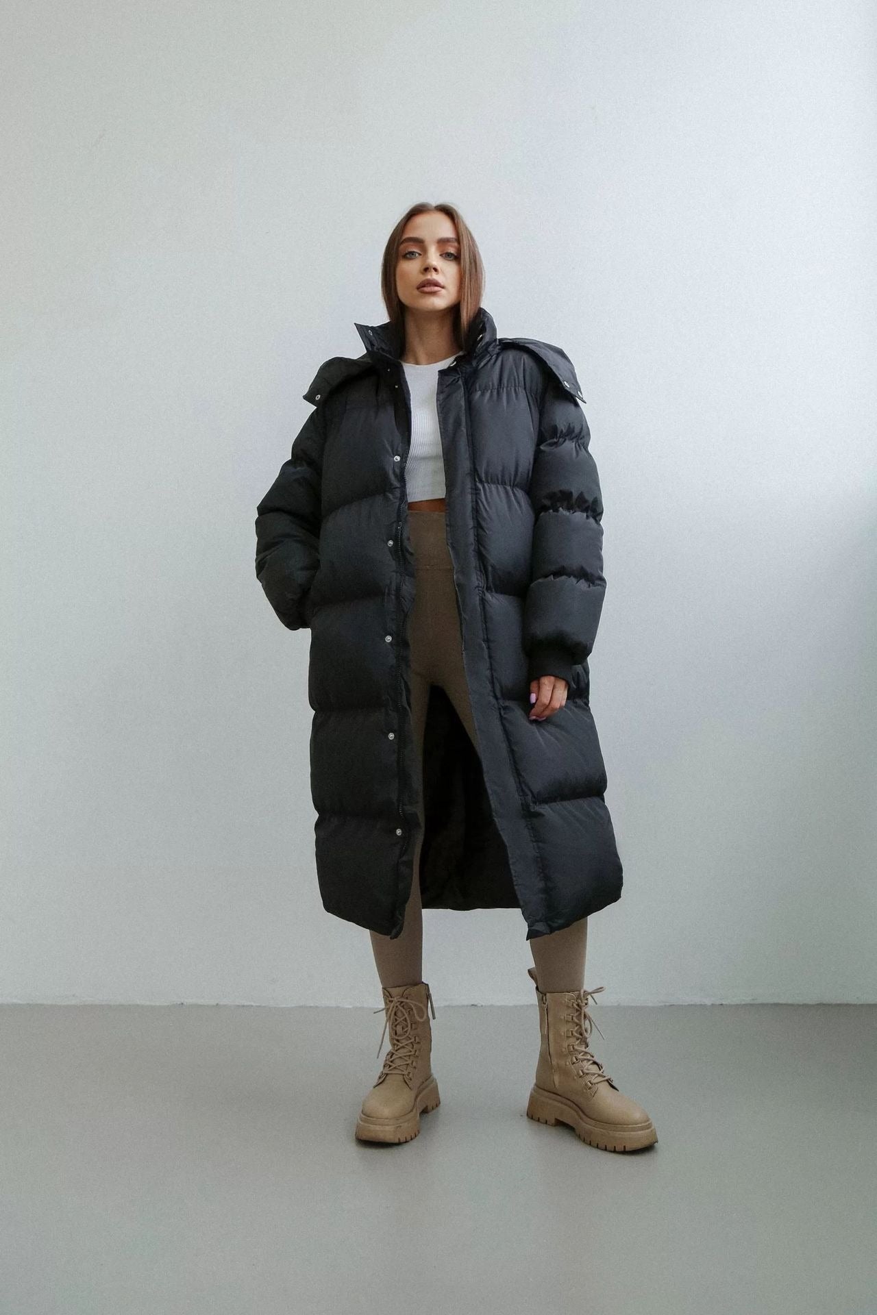 Lange Gewatteerde Trenchcoat Oversized Met Capuchon Rits Zwart