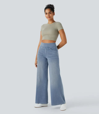 Vanio | Comfy Elastische Flared Broek met Hoge Taille Lichtblauw