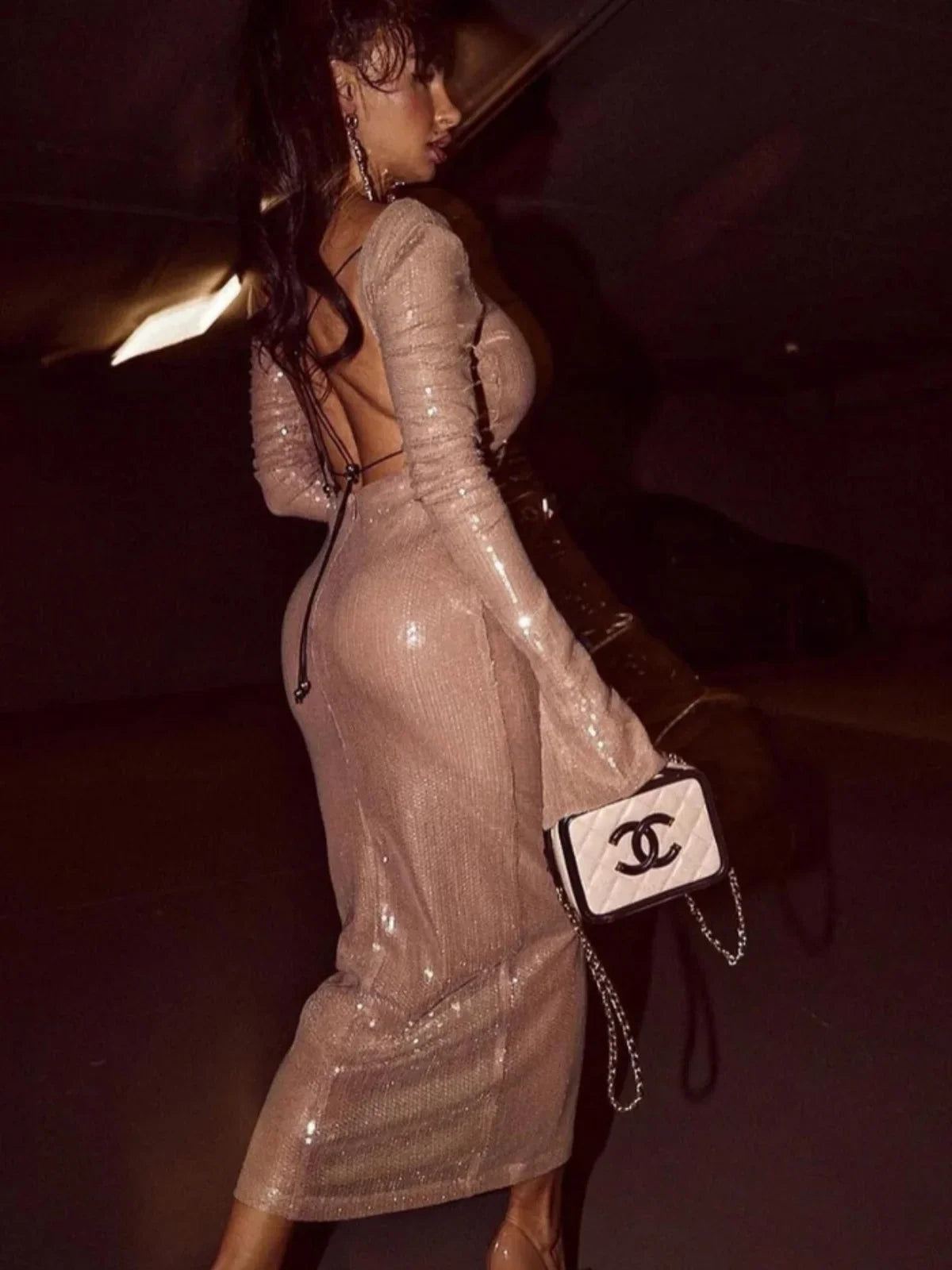 Langmouwige Doorzichtige Nude Pailletten Bodycon Jurk