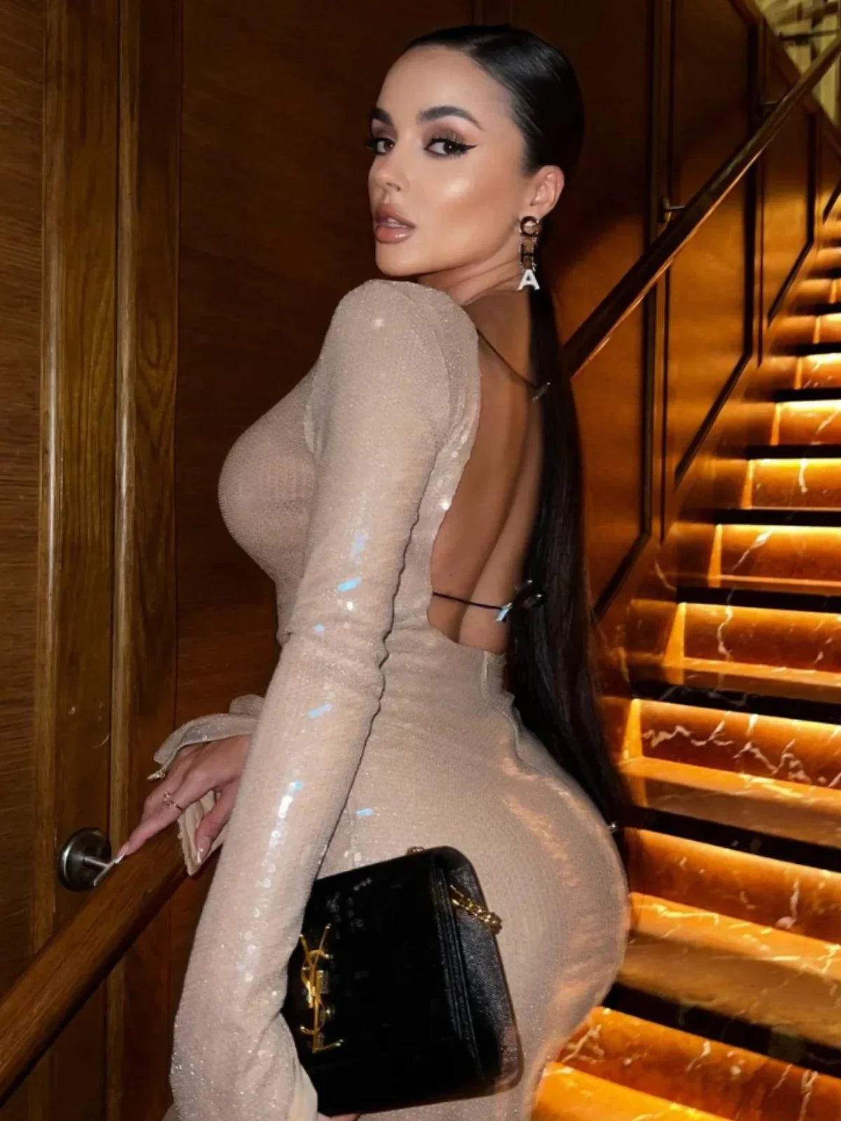 Langmouwige Doorzichtige Nude Pailletten Bodycon Jurk