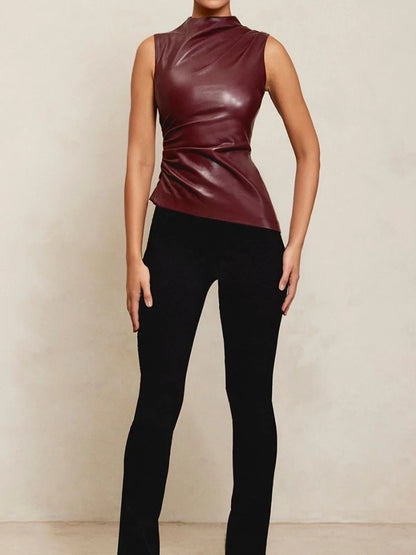 Gevormde Neplederen Mouwloze Top Met Hoge Hals Design Tops SEREIN