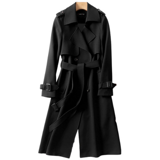 Lange Dames Jas Elegante Dubbele Knoopsluiting Met Knopen Zwart