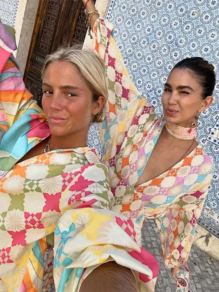 Avenari | Dames Jumpsuit – Relaxte Pasvorm – Geometrisch Patroon – Ademend – Shirtkraag – Lange Mouwen