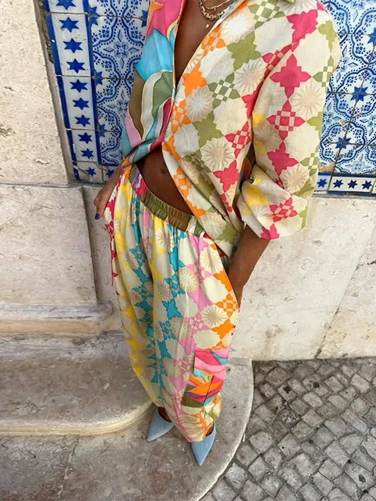 Avenari | Dames Jumpsuit – Relaxte Pasvorm – Geometrisch Patroon – Ademend – Shirtkraag – Lange Mouwen