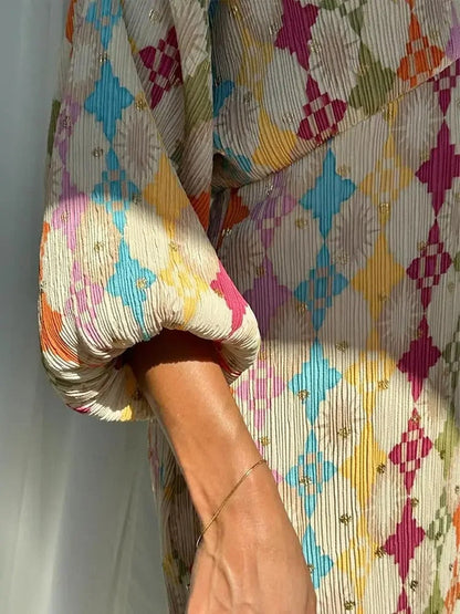 Avenari | Dames Jumpsuit – Relaxte Pasvorm – Geometrisch Patroon – Ademend – Shirtkraag – Lange Mouwen