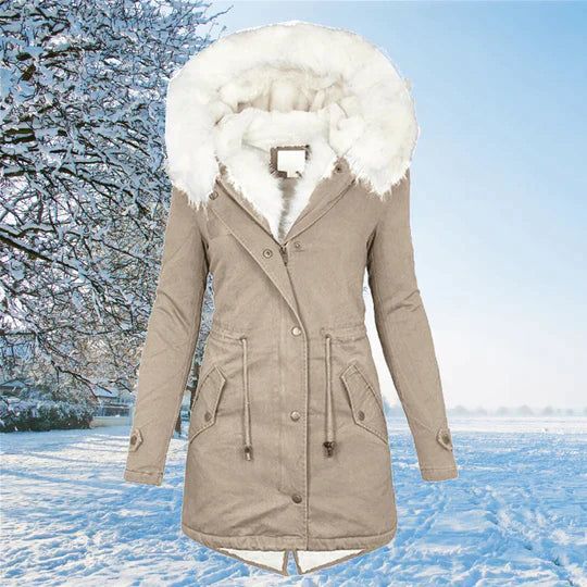 Dames Lange Mouw Warme Winterjas Zachte Isolerende Stof Beige