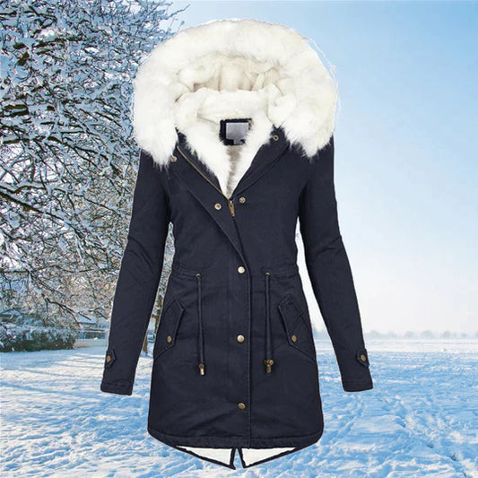 Dames Lange Mouw Warme Winterjas Zachte Isolerende Stof Blauw