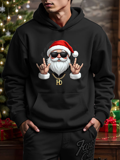 Heren Kerst Hoodie met Geometrisch Kerstman Patroon Zwart