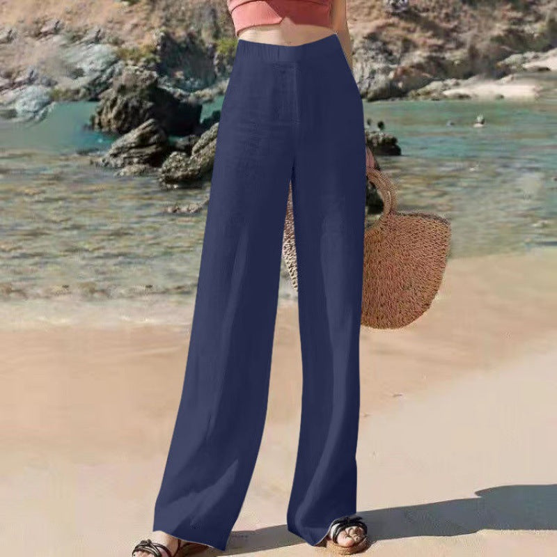 Wijde Broek Dames Hoge Taille Ademend Lichtgewicht Linnen Zomer Marineblauw
