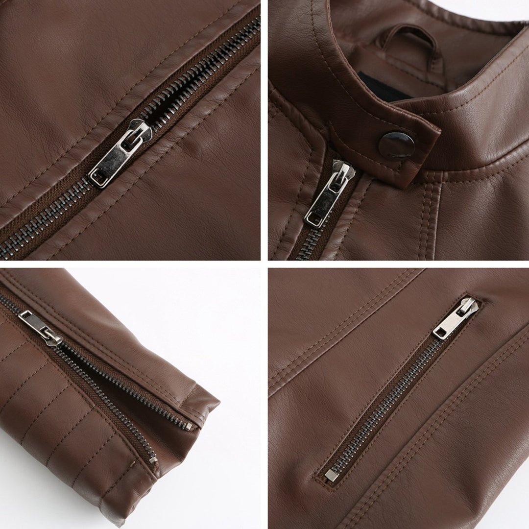 Dames Leren Jas Symmetrische Ritssluiting Kraag Met Drukknopen