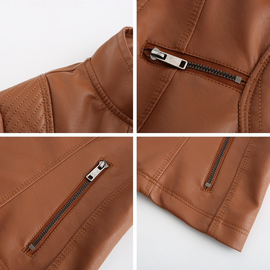 Dames Leren Jas Symmetrische Ritssluiting Kraag Met Drukknopen