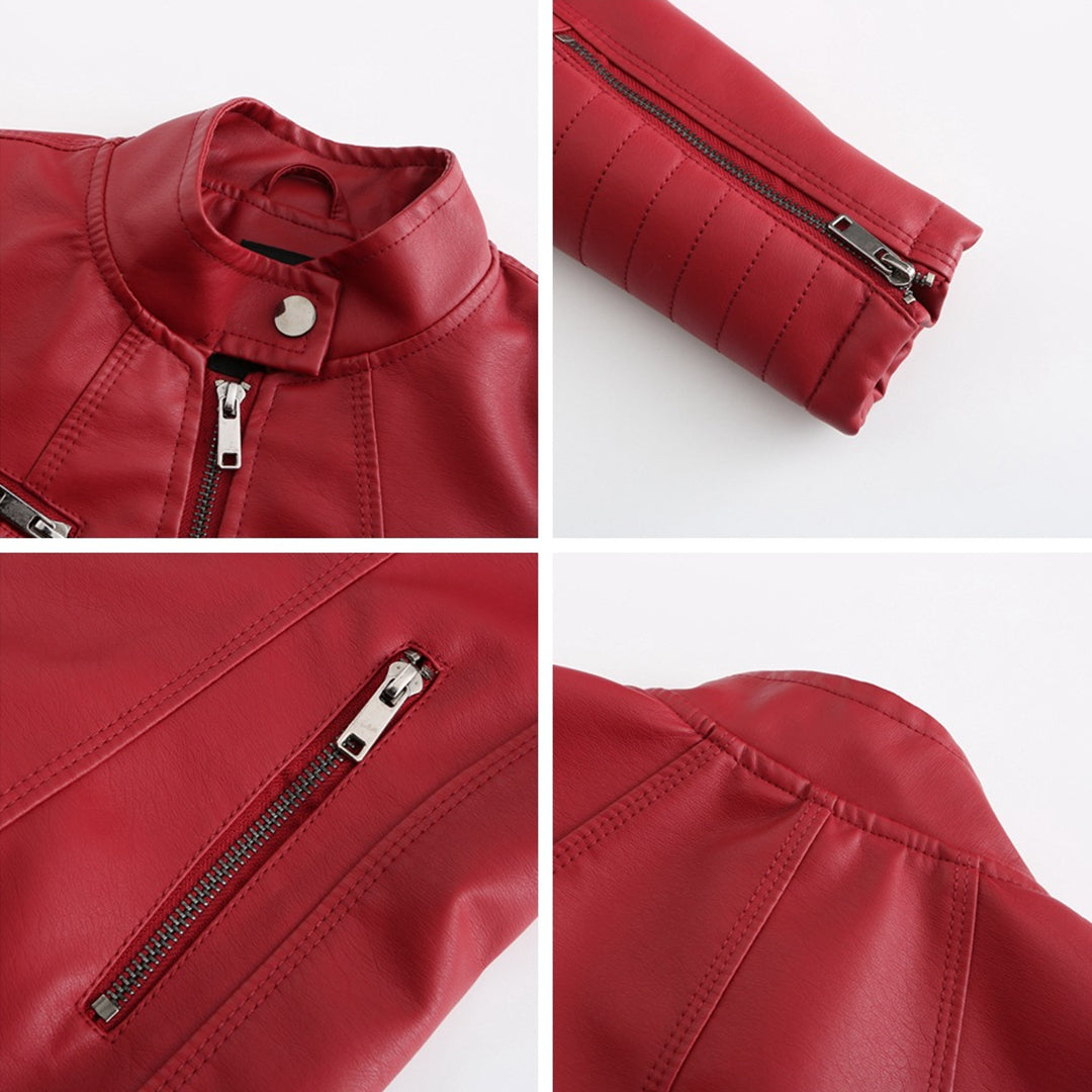 Dames Leren Jas Symmetrische Ritssluiting Kraag Met Drukknopen