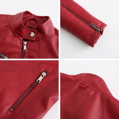 Dames Leren Jas Symmetrische Ritssluiting Kraag Met Drukknopen