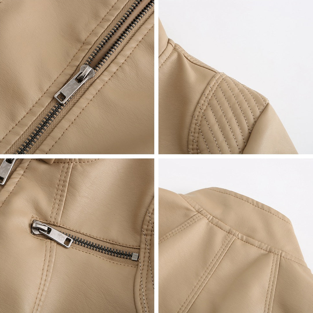 Dames Leren Jas Symmetrische Ritssluiting Kraag Met Drukknopen