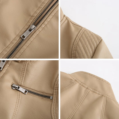 Dames Leren Jas Symmetrische Ritssluiting Kraag Met Drukknopen