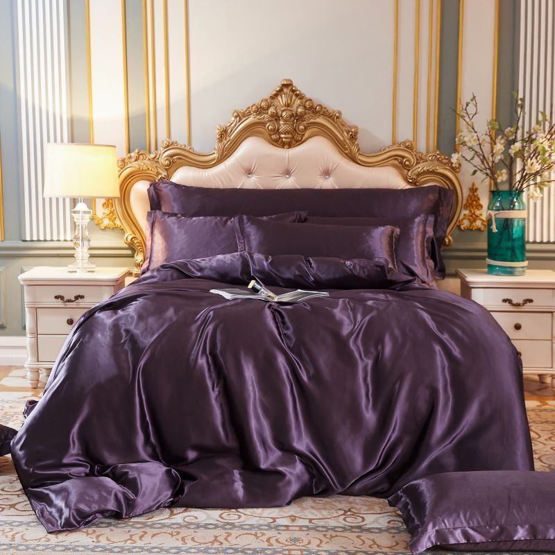 Luxe set (4 stuks) zijde/satijn bedlinnen dekbedovertrek-2x kussensloop-laken SEREIN Paars 150cm hoeslaken + Dekbed 200x 230cm + 2x kussensloop
