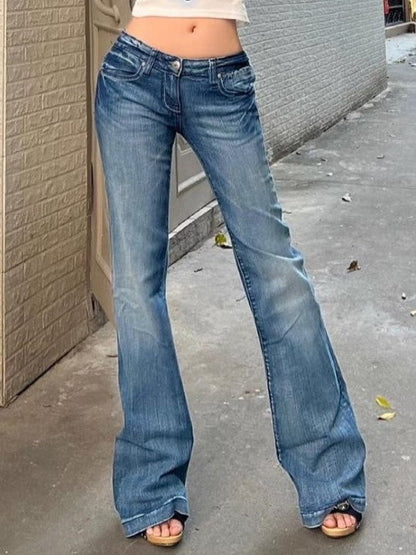 Vrouwen Flare Jeans Gewassen Blauw Katoen