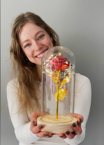 Roos Gouden Kleur In Glas Stolp 24-Karaats Eeuwige Roos