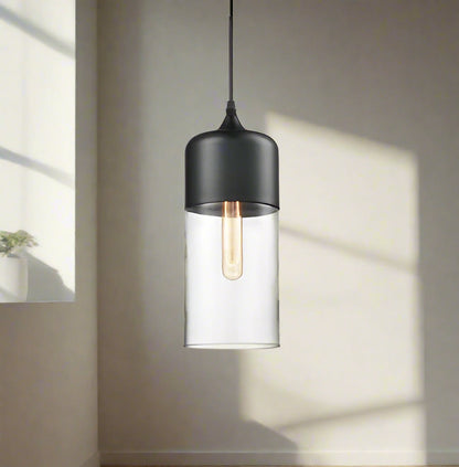 Glühzauber - Luxe Hanglamp van Mondgeblazen Glas en Hout Zwart Cilinder | Transparant