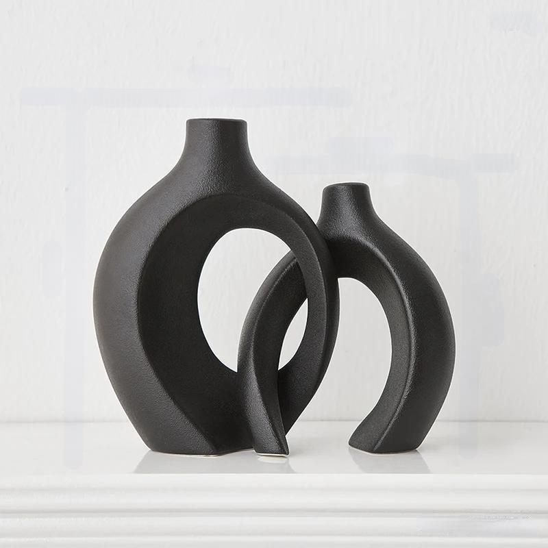 LCCCK Zwarte en gouden keramische vazen voor huisdecoratie, Boho vaas voor bloemen pampasgras decoratief, zwart goud holle donut kleine vaas voor woonkamer tafel bruiloft middelpunt moderne vaas