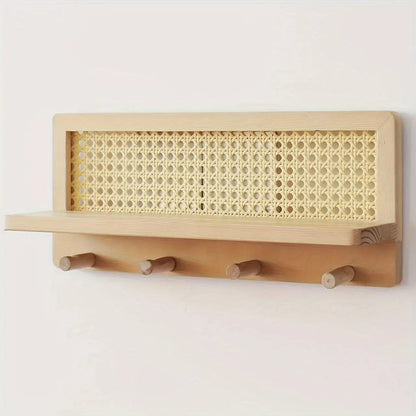 Vintage Houten Wandplank met Haakjes – Stijlvolle Opberger voor Hal, Kantoor of Woonkamer