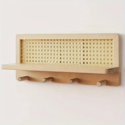 Vintage Houten Wandplank met Haakjes – Stijlvolle Opberger voor Hal, Kantoor of Woonkamer