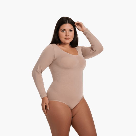 Snatchende Shaping Bodysuit Met Lange Mouwen En String Beige