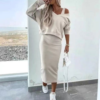 Stijlvolle Dames Midi Jurk met Oversized Sweater Beige