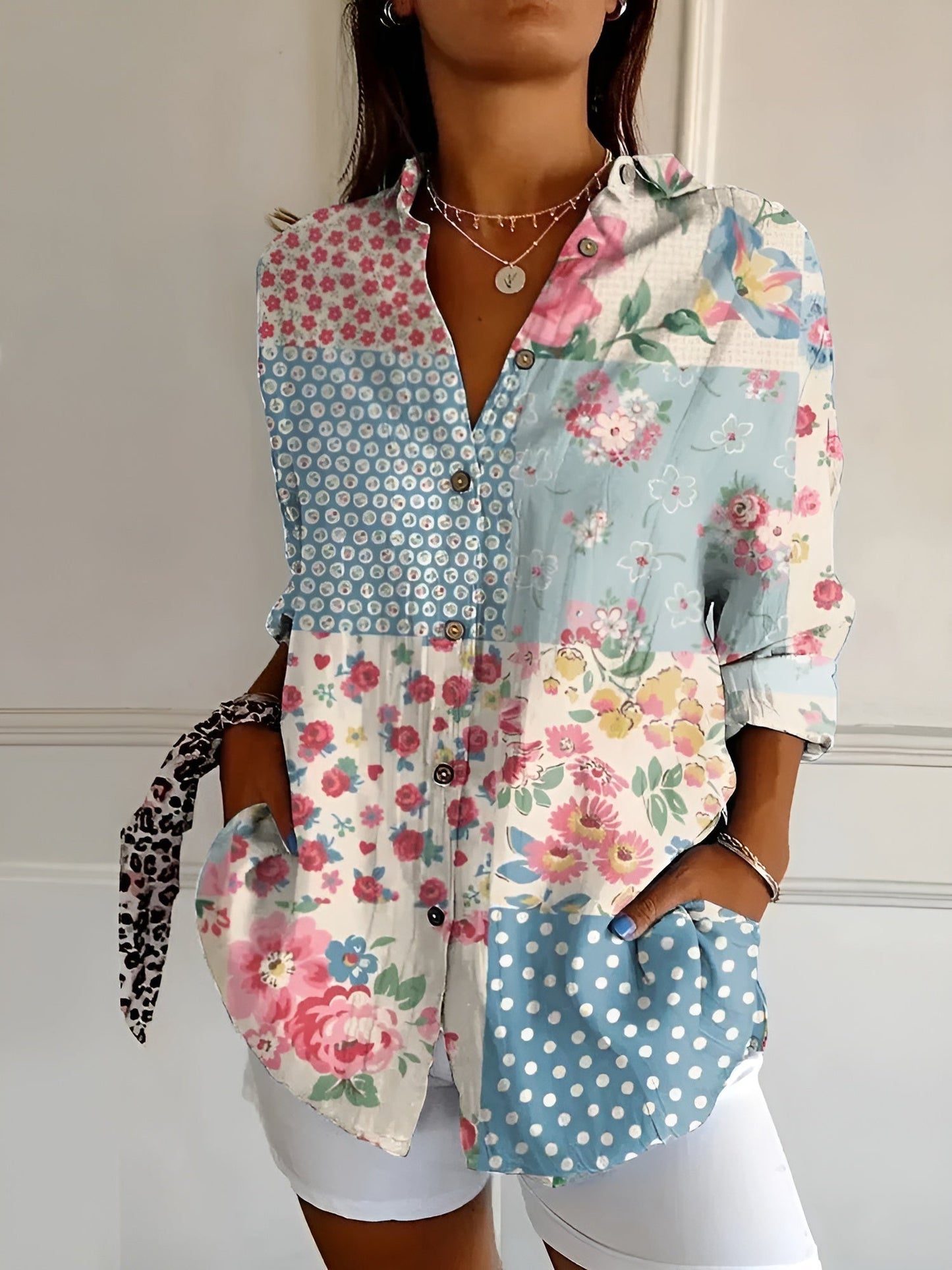 Blouse Dames Met Knoopsluiting Lange Mouwen Ademend Katoen