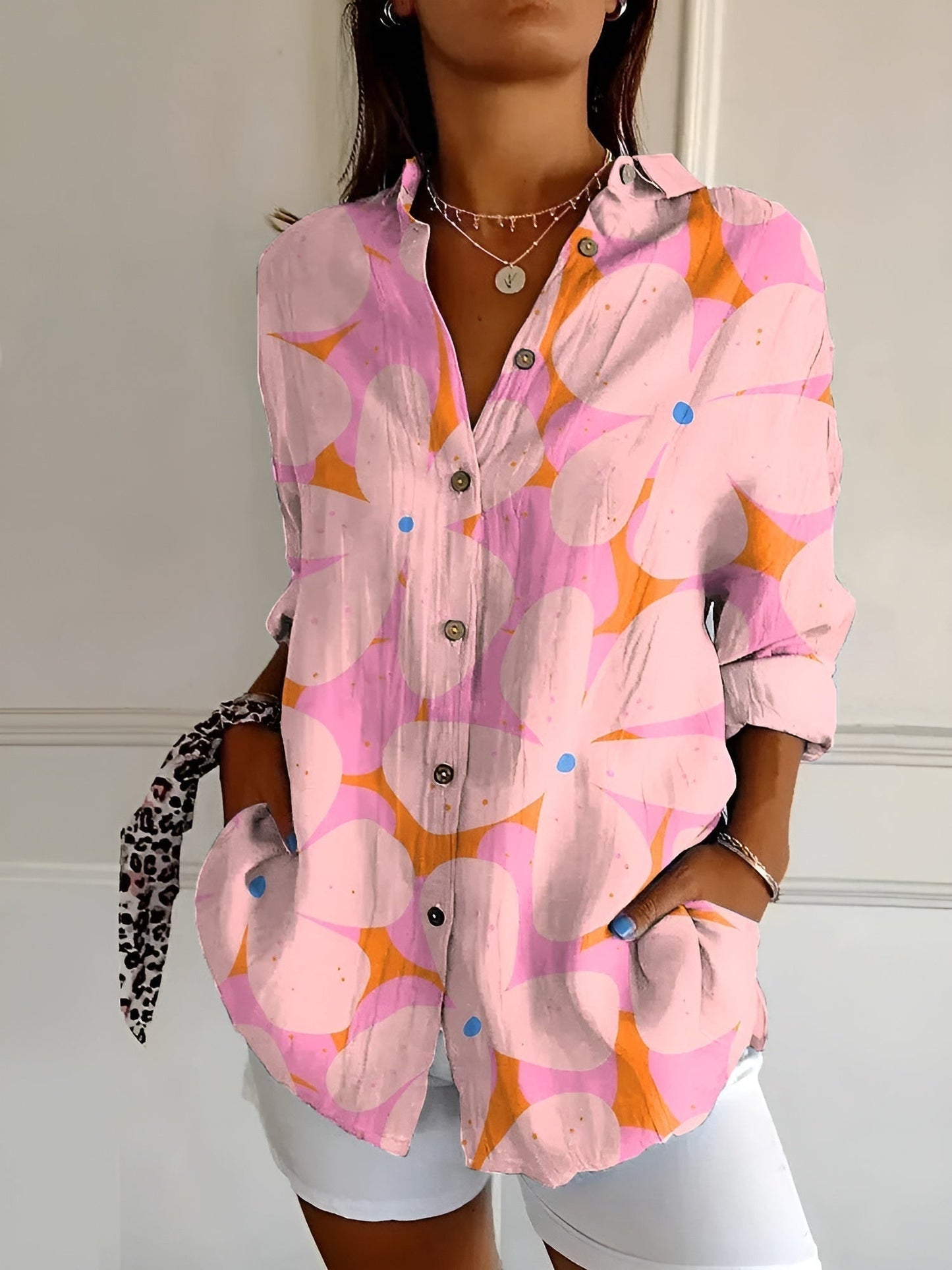 Blouse Dames Met Knoopsluiting Lange Mouwen Ademend Katoen
