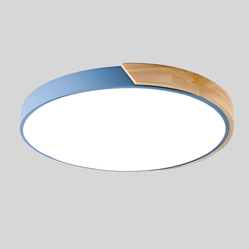 Scandinavische LED Plafondlamp in Cirkelvorm – Houten Plafonniere voor Slaapkamer en Studie, DIA 23 cm en 30 cm Blauw Met Hout