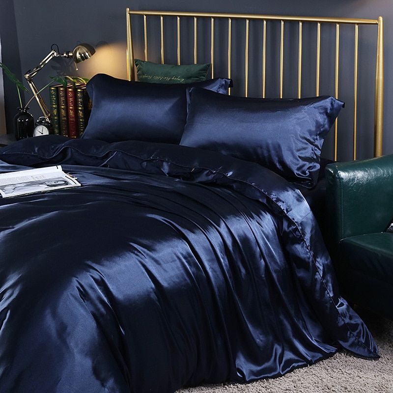 Luxe set (4 stuks) zijde/satijn bedlinnen dekbedovertrek-2x kussensloop-laken SEREIN Royalblue 150cm hoeslaken + Dekbed 200x 230cm + 2x kussensloop