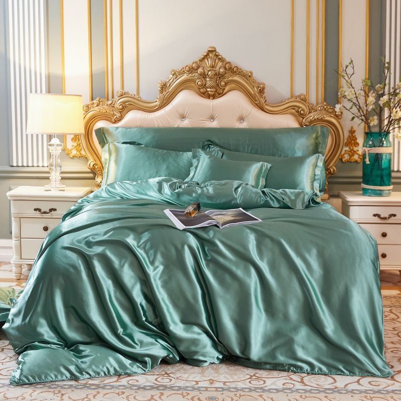 Luxe set (4 stuks) zijde/satijn bedlinnen dekbedovertrek-2x kussensloop-laken SEREIN Mint 150cm hoeslaken + Dekbed 200x 230cm + 2x kussensloop