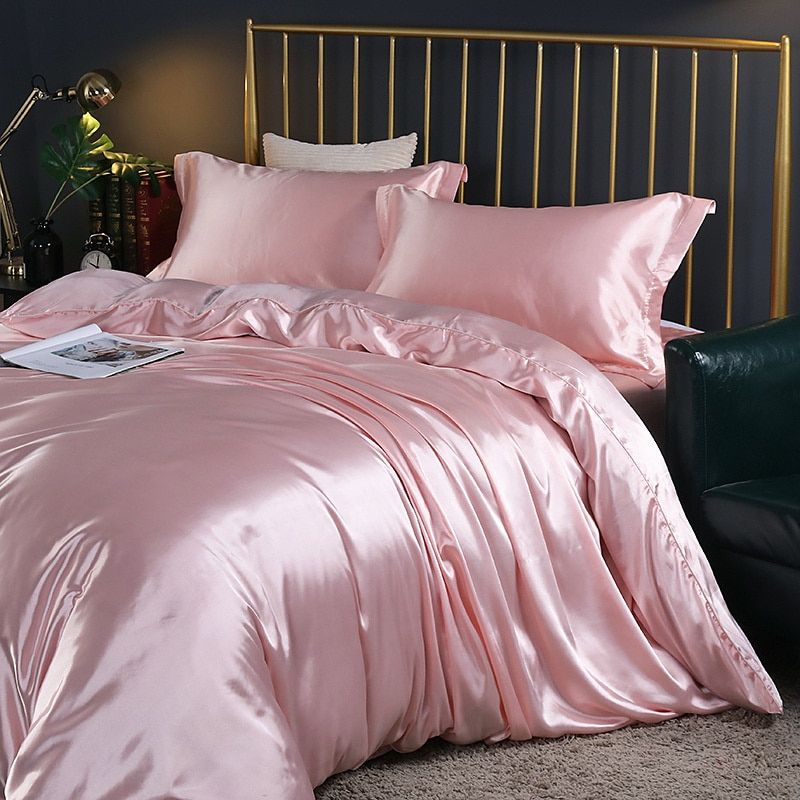 Luxe set (4 stuks) zijde/satijn bedlinnen dekbedovertrek-2x kussensloop-laken SEREIN Roze 150cm hoeslaken + Dekbed 200x 230cm + 2x kussensloop